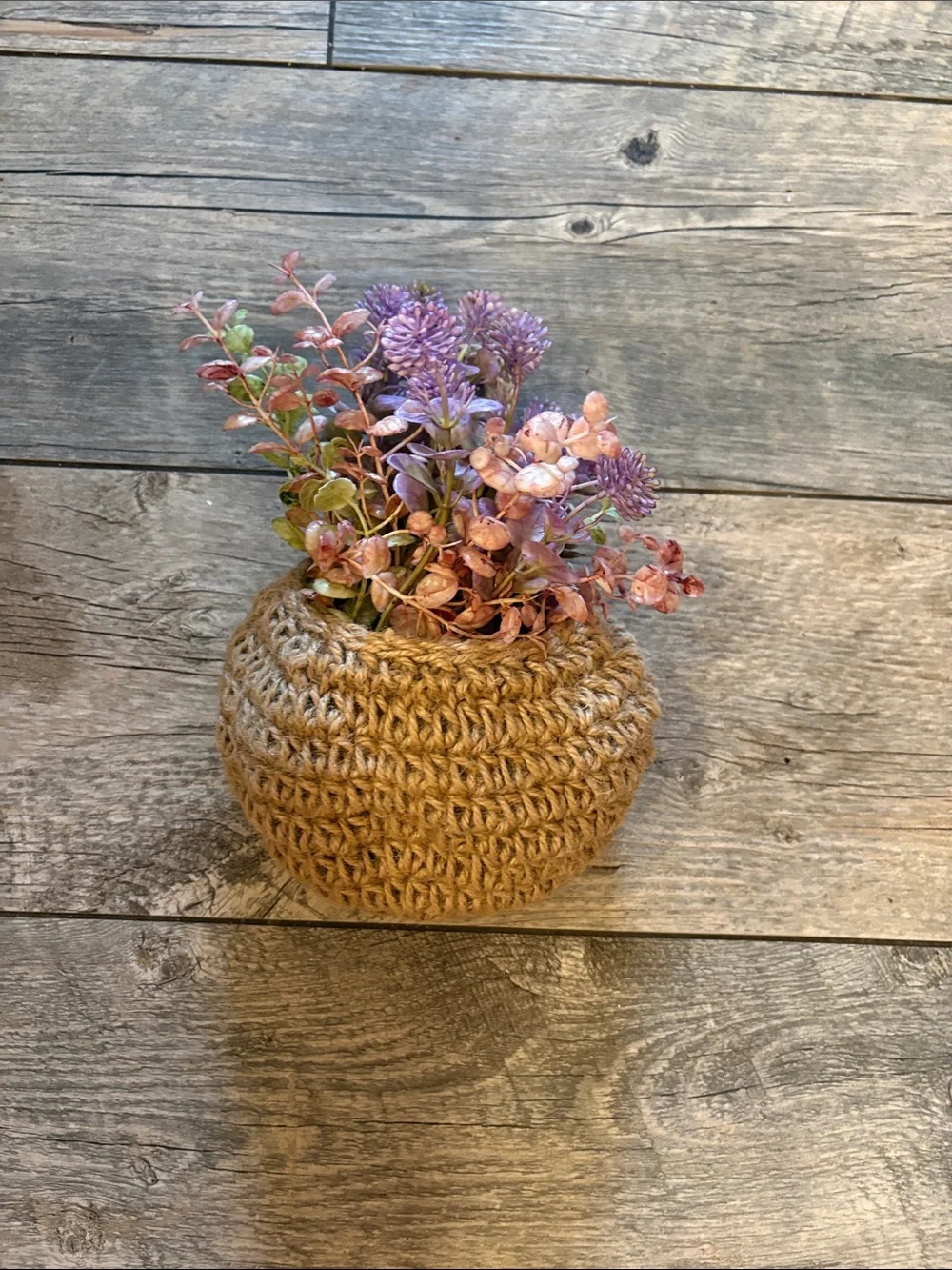 Handcrafted Jute Hanging Basket with Purple Faux Floral Arrangement